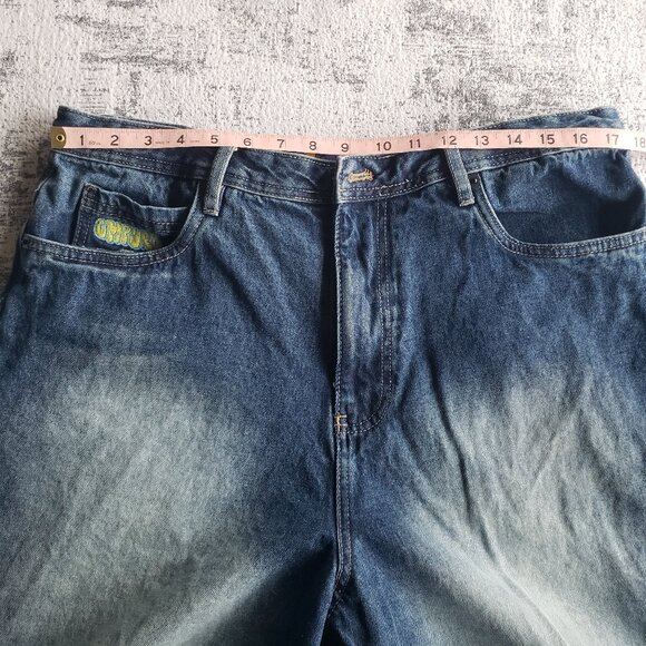 EMPYRE Phat Wide Leg Oversize Skate Y2K Rave Dark Blue Denim Jean Shorts - Picture 8 of 13